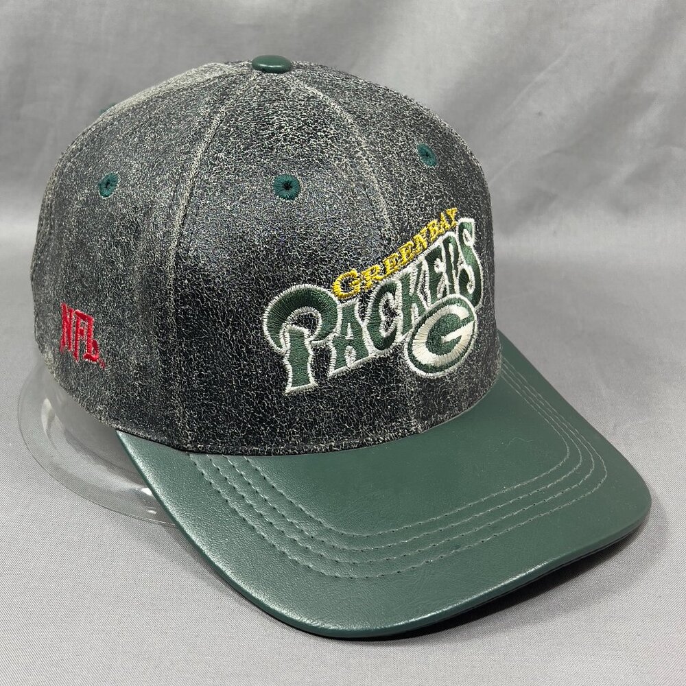 Vtg Green Bay Packers Team NFL Snapback Hat Black Distressed Leather USA Mens